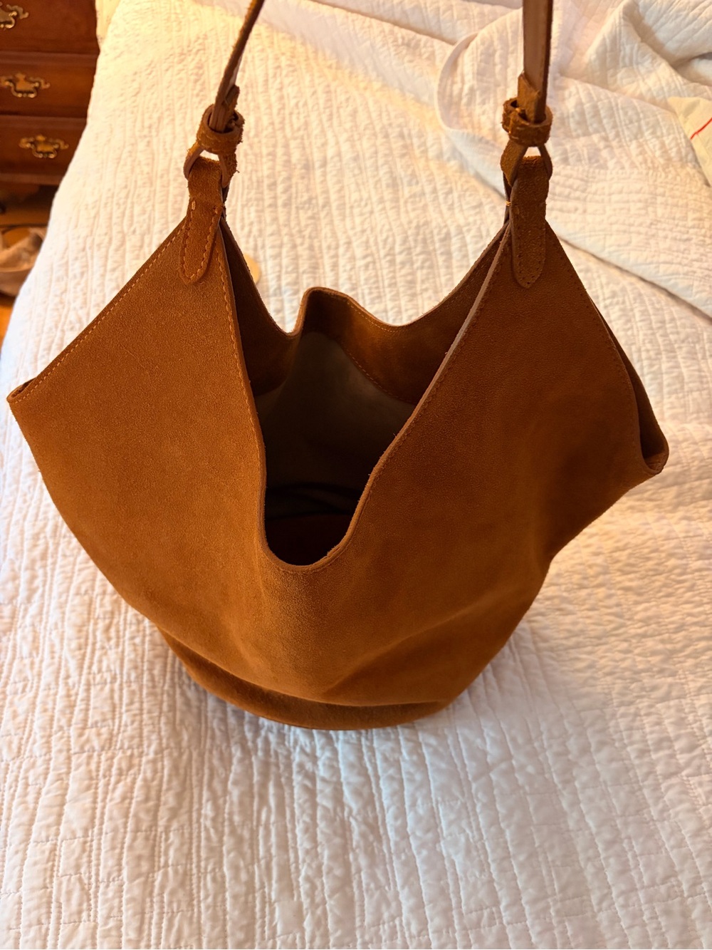TJ Maxx Suede Lotus Tote in Cognac Brown - Picture 8 of 12